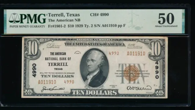 AC 1929 $10 American National Bank Terrell, Texas Ch #4990 PMG 50