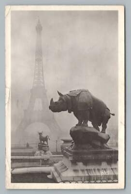 Rhinocerous Statue & Foggy Eiffel Tower RPPC Antique Paris CPA Yvon Photo 1927