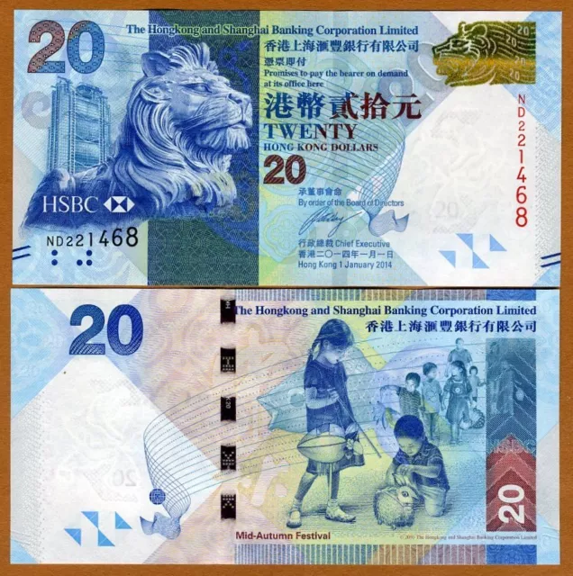 Hong Kong, $20, 2014, HSBC, P-212d, UNC Lion, Children