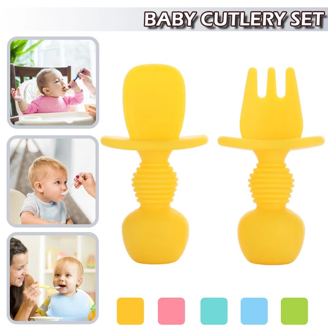 2PCS Baby Silikonlöffel Gabel Kleinkind Utensilien Selbsternährungstraining y