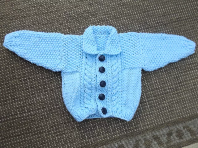 Brand New Hand Knitted Baby Boys Baby Blue  Aran Cardigan With Collar