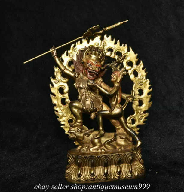 9.6'' Ancient Tibet Buddhism Bronze Gilt Mahakala Wrathful Deity Buddha Statue