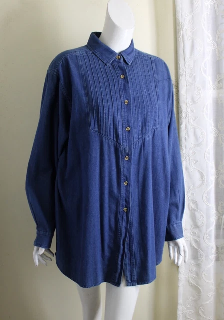Denim & Co Taille L Ouest Jeans Plissé Bavoir Long Coton Chemise Tunique Haut