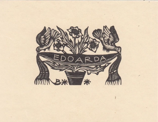 Exlibris Bookplate Holzschnitt Bruno da Osimo 1888-1962 Topfpflanze Vögel