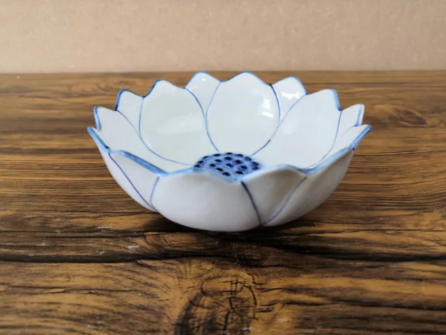 Pretty Hand Painted White and Blue Flower Petal Dish 3