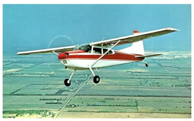 Cessna 180 Small Prop Airplane in Flight-Flying over Fields-Vintage Postcard*B6