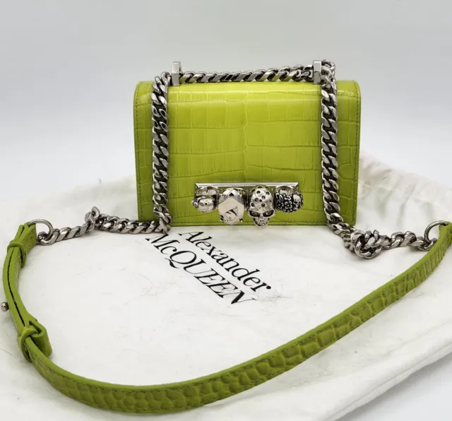 Authentic Mcqueen Jeweled Satchel Croc Skull Knuckle Green Mini $2290 Read Descr