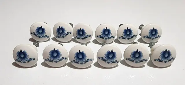 Vintage 12 White Porcelain Cabinet Furniture Knobs Blue flower