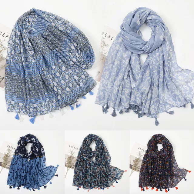 Womens Linen Cotton Floral Scarf Tassel Beach Vacation Pashmina Wrap Shawl Hot ☆