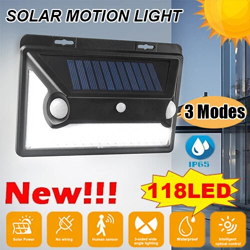 118LED Solarleuchte mit Bewegungsmelder Außen Gartenfluter Sensor Strahler Lampe