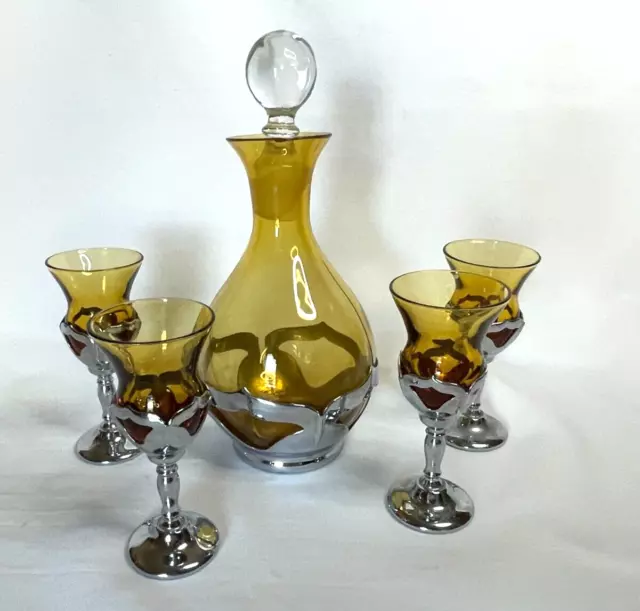 Vintage Farber Bros Krome Kraft Cambridge Amber Glass Decanter & 4 Cordials
