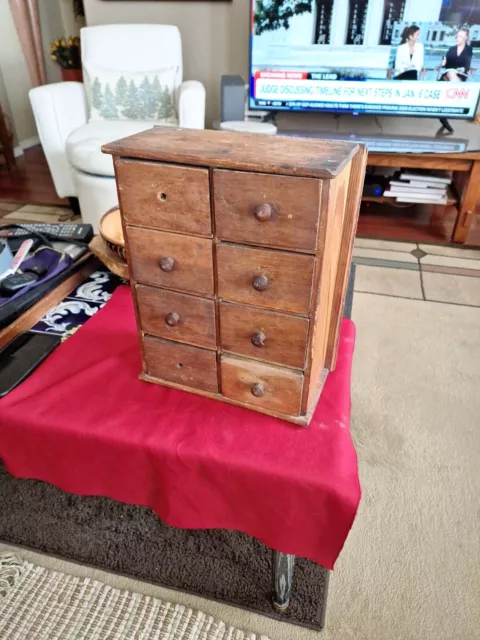 Very Old  Primitive  Wall Wooden Spice Box Cabinet w/ 8 Drawers Homemade  ? AsIs