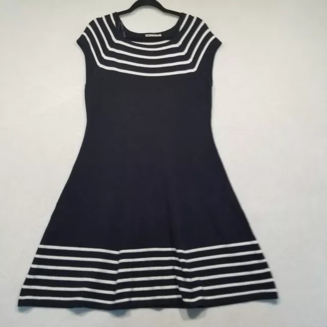 Eliza J Knit Sweater Dress Womens Large Dark Navy Blue Striped Short Sleeve Knee