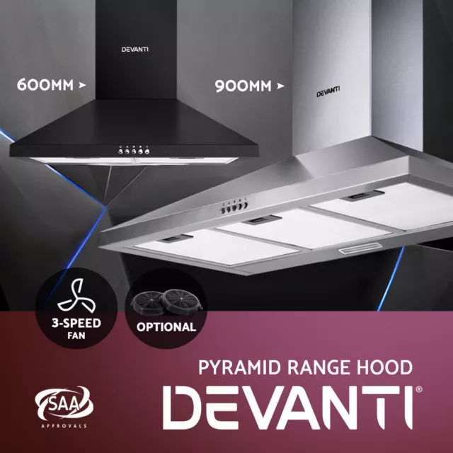 Devanti Range Hood Rangehood 900mm 90cm Kitchen Canopy Stainless Steel 60cm