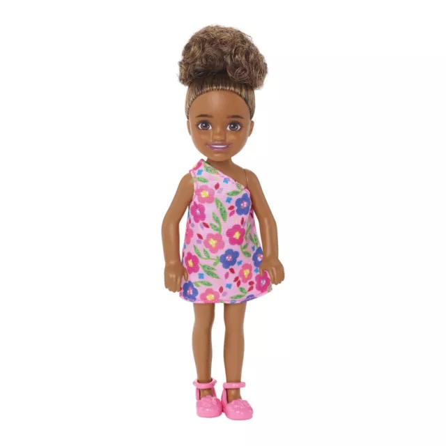 Barbie Chelsea Doll (Brunette Curly Hair) Wearing One-Shoulder Flower-Print Dres