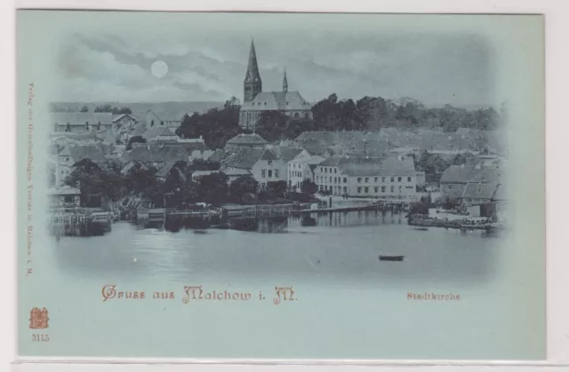 98791 Mondschein Ak Gruss aus Malchow i.M. Stadtkirche um 1900