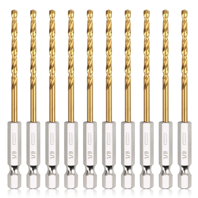 Titanium Twist Drill Bit Set - 10 Pcs 1/8" Hex Shank High Speed Steel for Wood P