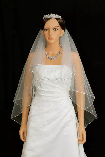 Handmade 2T Ivory Bridal Fingertip Rattail Edge Center Gathered Wedding Veil