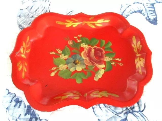 Vintage French Country Kitchen Red Floral Hand Painted Tole Jewelry Pin Tray