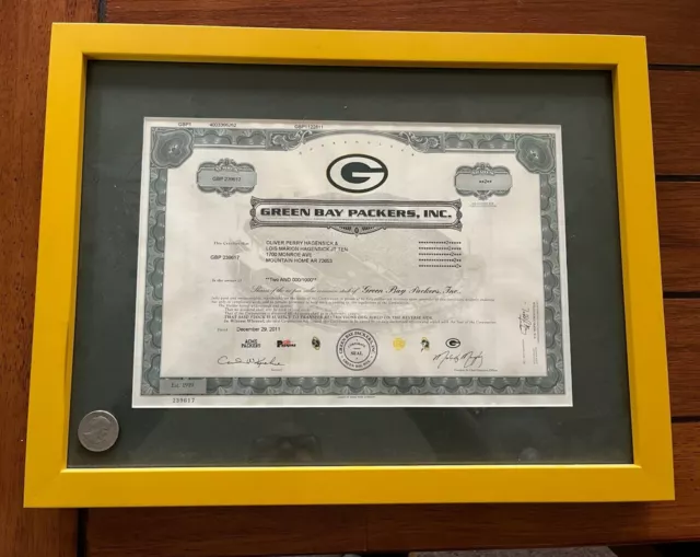 2011 Green Bay Packers Stock Certificate 2 Shares framed and matted w/ Paperwork