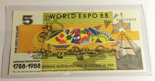 (Ch Unc) 1988 $5.00 Brisbane World Expo Note In Sleeve, Currency, Money