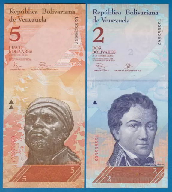 Venezuela 2 notes, 2 + 5 Bolivares P 88 & 89 UNC 2013 2014 New Set