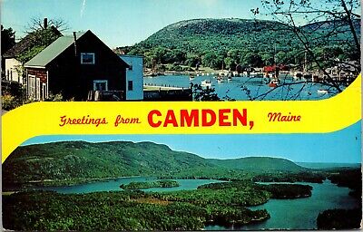 Postcard Dual View Banner Greetings From Camden Maine Windjammers Boats Lake