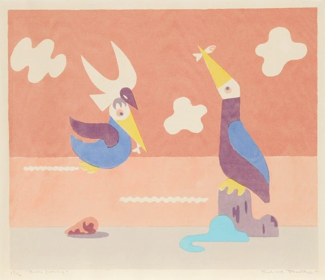 RICHARD FLOETHE, OISEAUX Pêchant, Linogravure, Signé Et Numéroté Au ...