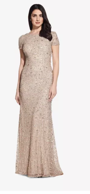 NEW Adrianna Papell Sequin Mesh Beaded Gown Scoop Back Dress Rose Champagne 8