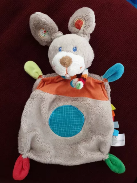 Doudou plat lapin NICOTOY rond bleu orange marron écharpe vert rouge blanc rayé