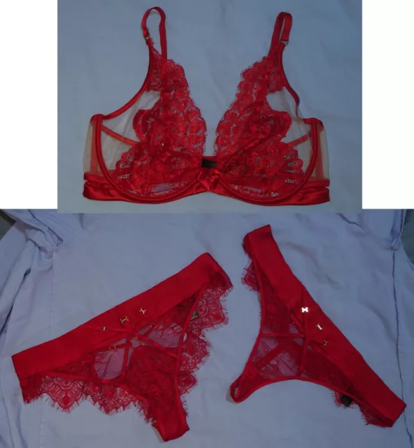 Honey Birdette Red Lace Set Julienne Bra 16E + Belinda Brief XL + Thong XL Rare!