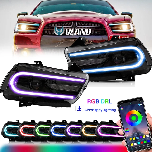 PAIR LED HEADLIGHTS RGB Colour For Dodge Charger 20112014 Black Dual