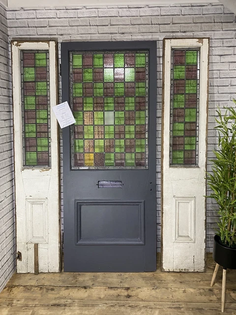 RECLAIMED ANTIQUE / PERIOD FRONT DOOR - Coloured Leaded Glass & Side Panels