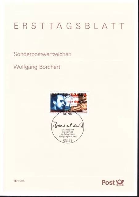 BRD, Deutschland, FDC, Nr.15/1996,"Wolfgang Borchert - Schriftsteller"