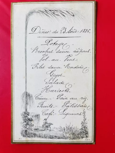 Menu Del 23 Agosto 1886 Manoscritto Su Cartolina Incisione Decoro Da Anatre