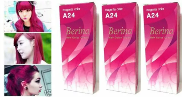 3 x Berina Permanent Hair Dye Color Colour Cream A24 Magenta