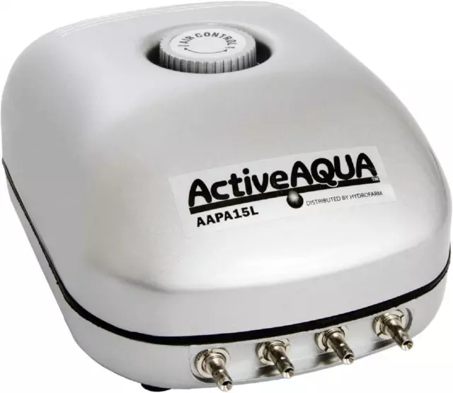 Hydrofarm AAPA15L Active Aqua, 4 Outlets, 6W, 15 L/Min Air Pump, Silver