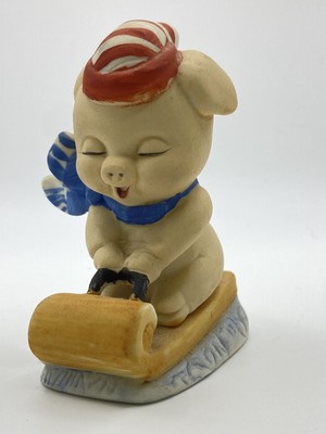 Cute Happy Ceramic Christmas Pig On Sled Sledding Figurine W Striped Hat VTG