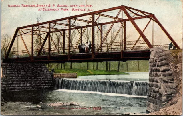 Postcard IL Danville Ellsworth Park Traction Street Railroad Bridge 1909 M21