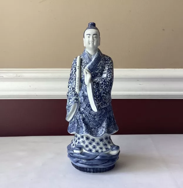 VTG Chinese Porcelain Blue & White Figurine Of A Man, 10" Tall, Unmarked