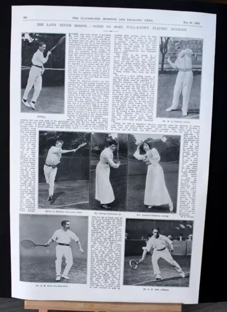 1910 Photo Article 'LAWN TENNIS: SOME WELL KNOWN PLAYERS' METHODS' 16" x 10.75"