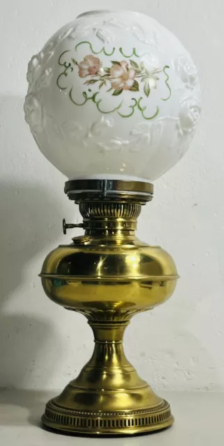 Antique RAYO Oil Lamp with Hand Painted Rose Milk Glass Shade Brass Vintage