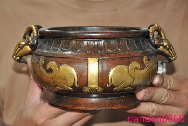 8.8" China purple bronze Gilt fengshui sheepshead beast Incense burner Censer