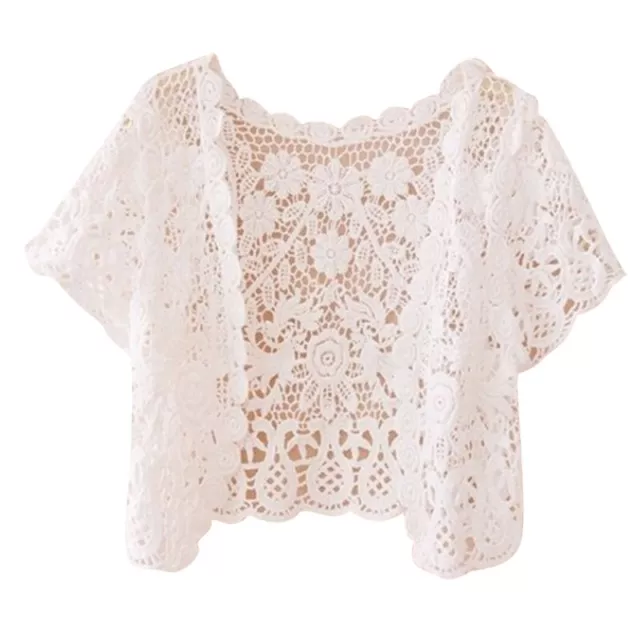 Women Crochet Floral Short Sleeve Shrug Open Front Sunscreen Crop Jackets