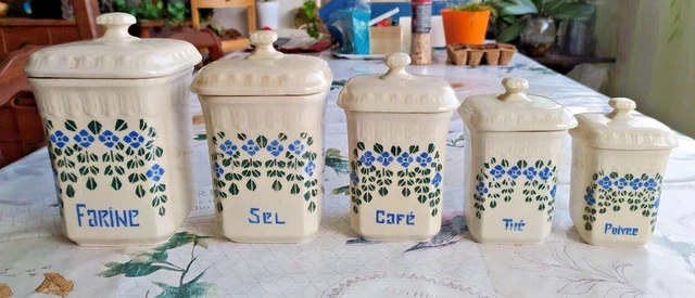 Série 6 Pots À Épices Anciens En Céramique Décor Floral