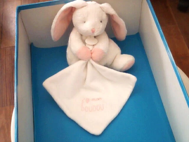 Doudou 5624 / Peluche Lapin "Doudou Et Cie" Blanc/Rose-Mouchoir Brode...