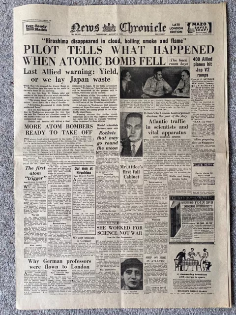 Hiroshima / First Atom Bomb News Chronicle Reprinted Newspaper 7 August 1945