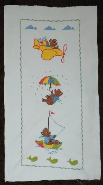 VTG Cross Stitched Baby Nursery Art Wall Decor Bear Plane Boat Completed 9x22"