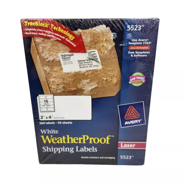 Avery WeatherProof Shipping Labels  Laser White 2 x 4 500/Pack 5523 NEW Sealed