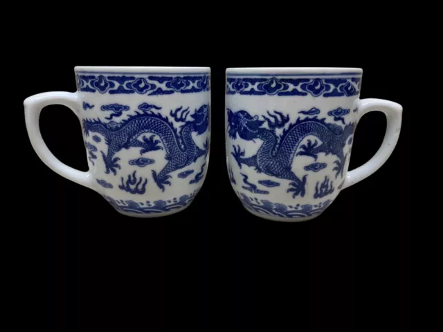 Set of 2 High Quality Blue & White Porcelain Mugs Chinese Dragon Ceramic Office